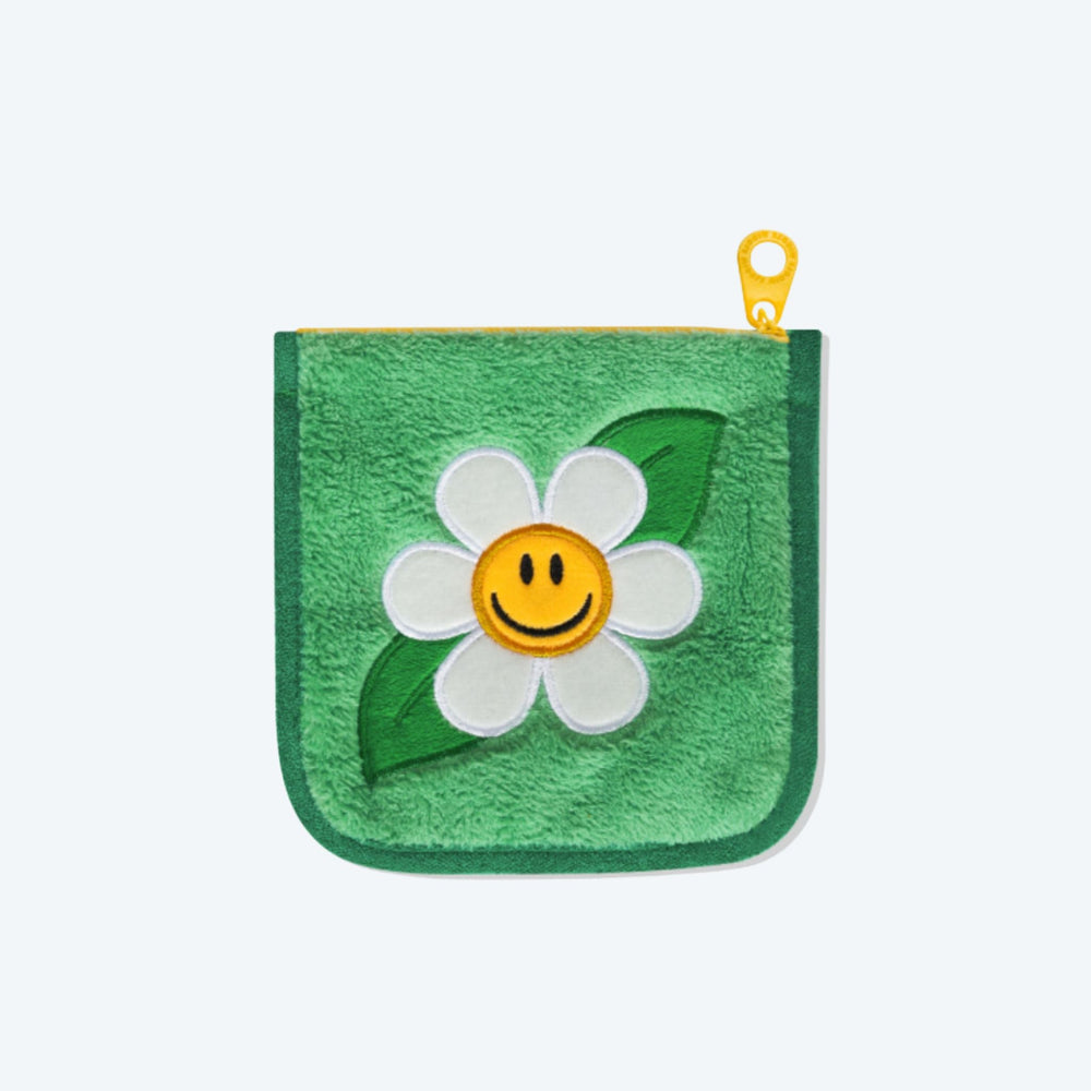 Astuccio imbottito Smile con tessuto giallo e scritta ricamata